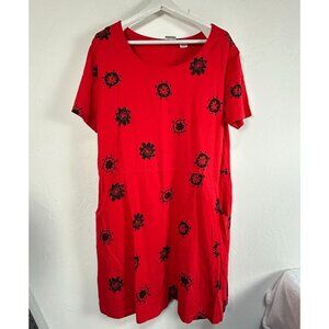 Red Ginger Womens Red Black Print Cotton Stuff Short Sleeve Shift Dress Pockets